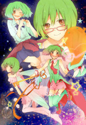 Rule 34 | 1girl, ami7, bad id, bad pixiv id, bespectacled, blush, bow, character sheet, fairy wings, female focus, full body, garter straps, glasses, gradient background, green hair, hairband, heart, heart hands, high-waist shorts, key, macross, macross frontier, macross frontier: sayonara no tsubasa, montage, necktie, one eye closed, open mouth, ranka lee, red eyes, school uniform, short hair, short shorts, shorts, skirt, smile, solo, thighhighs, wings, wink