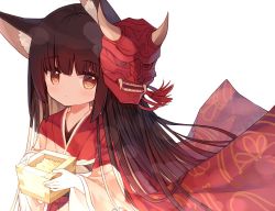 Rule 34 | 1girl, animal ear fluff, animal ears, beans, black hair, brown eyes, closed mouth, commentary request, hands up, holding, japanese clothes, kimono, long sleeves, looking at viewer, mask, mask on head, masu, obi, oni mask, original, red kimono, sash, simple background, solo, white background, wide sleeves, yuuhagi (amaretto-no-natsu)