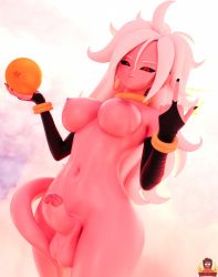 Rule 34 | 3d, android 21, artist request, bottomless, dragonball z, erection, forsaken (artist), futanari, highres, majin android 21, navel, penis, solo, stomach, tagme, testicles, topless
