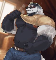 Rule 34 | 1boy, absurdres, badger boy, badger ears, badger tail, bara, belly, belt, blue pants, blush, brown belt, brown shirt, claws, clothes lift, commentary, denim, echo project, english commentary, fat, fat man, furry, furry male, highres, istani, male focus, nikolai krol (the smoke room), nipples, orange eyes, paid reward available, pants, pectorals, shirt, shirt lift, the smoke room