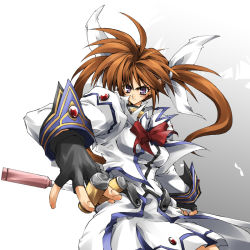 Rule 34 | 00s, 1girl, ahoge, angry, between fingers, bow, brooch, brown hair, cartridge, delusion overdose, fingerless gloves, frown, gloves, holding, jacket, jewelry, long hair, lyrical nanoha, magical girl, mahou shoujo lyrical nanoha, mahou shoujo lyrical nanoha strikers, matsuno canel, purple eyes, raising heart, shadow, skirt, solo, spiked hair, staff, standing, takamachi nanoha, twintails, weapon