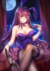 Rule 34 | 1girl, alcohol, animal ears, bare shoulders, blurry, blurry background, blush, bokeh, bottle, breasts, bridal garter, cityscape, cleavage, collarbone, crossed legs, cup, depth of field, drinking glass, fake animal ears, fate/grand order, fate (series), feet, fishnet pantyhose, fishnets, foot up, full moon, glint, hair between eyes, highres, holding, holding bottle, holding cup, indoors, lalazyt, large breasts, leotard, long hair, looking at viewer, moon, night, official alternate costume, pantyhose, parted lips, playboy bunny, pouring, purple hair, purple leotard, purple lips, rabbit ears, red eyes, scathach (fate), scathach (piercing bunny) (fate), sidelocks, sitting, smile, soles, solo, strapless, strapless leotard, toes, very long hair, window, wine glass, wrist cuffs