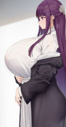 Rule 34 | 1girl, absurdres, alternate breast size, blunt bangs, blunt ends, breasts, chomikuplus, closed mouth, commentary request, cowboy shot, fern (sousou no frieren), from side, gigantic breasts, grey background, hair ornament, highres, long sleeves, off shoulder, purple eyes, purple hair, sidelocks, simple background, solo, sousou no frieren, white background