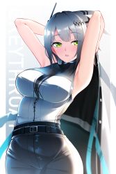 Rule 34 | 1girl, absurdres, arknights, armpits, arms behind head, arms up, bare arms, bare shoulders, belt, black belt, breasts, character name, commentary, feather hair, green eyes, greythroat (arknights), highres, large breasts, shirt, short hair, silver hair, sleeveless, sleeveless shirt, solo, upper body, z.taiga