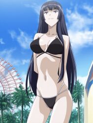 Rule 34 | 1girl, absurdres, arms behind back, bikini, black bikini, black hair, blue eyes, blunt bangs, breasts, cleavage, day, highres, hime cut, kampfer, large breasts, long hair, navel, sangou shizuku, smile, solo, stitched, swimsuit, third-party edit