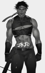 Rule 34 | 1boy, abs, blouse, bow (weapon), cleavage cutout, clothing cutout, crop top, crossbow, emg (christain), fingerless gloves, gloves, greyscale, headband, jojo no kimyou na bouken, joseph joestar, joseph joestar (young), male focus, manly, midriff, monochrome, narrow waist, nipples, shirt, solo, torn clothes, torn shirt, weapon