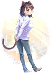 Rule 34 | 1girl, ai-chan (tawawa), animal ears, arms behind back, blush, braid, breasts, brown hair, cat ears, cat tail, check commentary, commentary request, denim, getsuyoubi no tawawa, green eyes, house, kemonomimi mode, large breasts, looking at viewer, looking to the side, nanase meruchi, railing, short hair, side braid, signature, smile, socks, solo, stairs, sweater, tail, twitter username