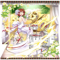 Rule 34 | 1girl, ;d, absurdres, alternate costume, commentary, curtains, cymbals, dress, drum, drum set, drumsticks, english commentary, flower, full body, game cg, hair flower, hair ornament, highres, holding, holding drumsticks, horikawa raiko, horikawa raiko (white hybrid drums), instrument, lightning, looking at viewer, mitsudomoe (shape), off-shoulder dress, off shoulder, one eye closed, open mouth, red eyes, red hair, rotte (1109), second-party source, short hair, smile, solo, stage, tomoe (symbol), touhou, touhou lostword, wedding dress, white dress, white flower
