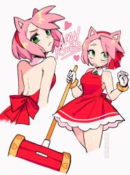 Rule 34 | 1girl, amy rose, animal ears, back slit, backless dress, backless outfit, bare back, bare back dress, bare shoulders, blush, bracelet, breasts, character name, ciosuii, closed mouth, dress, gloves, green eyes, hairband, hammer, heart, highres, holding, holding hammer, humanization, jewelry, looking at viewer, multiple views, backless dress, open mouth, toy hammer, pink hair, red dress, red hairband, short hair, sonic (series), white gloves