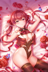 Rule 34 | 1girl, bed sheet, blush, breasts, cleavage, flower, gloves, hair ribbon, heterochromia, highres, hololive, houshou marine, jackmiho, long hair, looking at viewer, lying, medium breasts, navel, no eyepatch, on back, on bed, petals, red eyes, red hair, red ribbon, ribbon, rose, rose petals, sleeveless, smile, solo, thighs, twintails, virtual youtuber, white gloves, yellow eyes
