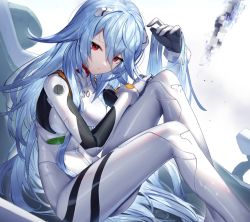 Rule 34 | 1girl, alternate hair length, alternate hairstyle, arm up, ayanami rei, blue hair, bodysuit, breasts, commentary, evangelion: 3.0+1.0 thrice upon a time, feet out of frame, hair between eyes, hand on own thigh, knees up, long hair, looking at viewer, medium breasts, neon genesis evangelion, playing with own hair, plugsuit, rebuild of evangelion, red eyes, scottie (phantom2), sitting, solo, very long hair, white bodysuit