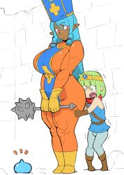 Rule 34 | 1boy, 1girl, absurdres, age difference, bare shoulders, belt, blue hair, blue headwear, brown gloves, bulge, child, circlet, covered navel, crack, cracked wall, dark skin, dragon quest, gloves, green eyes, green hair, hair between eyes, height difference, highres, holding, holding weapon, long hair, medium hair, muscular, muscular female, nikujuu uc, onee-shota, open mouth, pointy ears, red eyes, rock, slime (creature), standing, tight clothes, tongue, trembling, weapon, yellow gloves