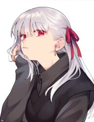 Rule 34 | 1girl, black vest, blush, breasts, earrings, fate/grand order, fate (series), grey sweater, hair ribbon, highres, jewelry, kama (fate), large breasts, long hair, long sleeves, looking at viewer, mitsurugi sugar, red eyes, ribbon, solo, sweater, vest, white hair
