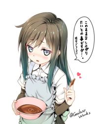 Rule 34 | 1girl, apron, arm warmers, asashio (kancolle), black hair, blue eyes, blush, bowl, chocolate, chocolate on hand, commentary, food on hand, gotou hisashi, holding, holding bowl, kantai collection, long hair, looking at viewer, pink apron, pleated skirt, shirt, short sleeves, simple background, skirt, solo, translated, twitter username, upper body, valentine, white background, white shirt
