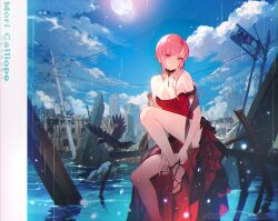 Rule 34 | 1girl, bare legs, bare shoulders, bird, blue sky, breasts, cleavage, cloud, day, dress, highres, hololive, hololive english, junghoonpic7777, looking at viewer, medium breasts, mori calliope, mori calliope (party dress), outdoors, pink hair, post-apocalypse, power lines, red dress, ruins, sitting, sky, solo, strappy heels, traffic light, virtual youtuber, water