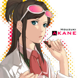Rule 34 | 1girl, ace attorney, apollo justice: ace attorney, aqua eyes, bad id, bad pixiv id, brown hair, capcom, eating, ema skye, food, half updo, lab coat, sleeves rolled up, solo, sunglasses, tuuuh