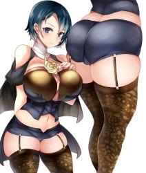 Rule 34 | 1girl, absurdres, adapted costume, alternate hair length, alternate hairstyle, ass, bare shoulders, blue eyes, blue hair, breasts, byleth (female) (fire emblem), byleth (fire emblem), corset, fire emblem, fire emblem: three houses, garter straps, hair between eyes, highres, huge breasts, looking at viewer, navel, nintendo, patterned clothing, short hair, short shorts, shorts, simple background, tagme, thighhighs, thighs, tiamat (momokuri mannen), white background