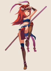 Rule 34 | 1girl, fkey, highres, long hair, midriff, one eye closed, original, red eyes, red hair, shading eyes, solo, staff, standing, standing on one leg, strapless, tube top, wink