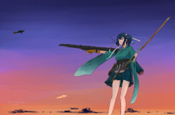 Rule 34 | aircraft, blue hair, bow, breasts, cloud, commentary request, flight deck, gloves, green kimono, green skirt, hair between eyes, hair ribbon, hairband, highres, japanese clothes, kantai collection, kimono, kuragare, large breasts, pleated skirt, ribbon, sidelocks, skirt, souryuu (kancolle), sunset, twintails, white ribbon