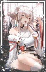 Rule 34 | 1girl, absurdres, ahoge, animal ears, bare shoulders, bell, black nails, blush, commentary request, double bun, fangs, floral print, flower, fur-trimmed kimono, fur trim, glint, grey eyes, grey hair, hair between eyes, hair bun, hair flower, hair ornament, half-closed eye, highres, holding, hololive, japanese clothes, jingle bell, kabedoru, kimono, kimono skirt, kneehighs, lion ears, lion girl, long sleeves, looking at viewer, nail polish, off shoulder, official alternate costume, one eye closed, open mouth, petals, pink flower, pleated skirt, print kimono, red flower, red ribbon, ribbon, shishiro botan, shishiro botan (new year), short hair, sidelocks, sitting, skirt, socks, solo, stuffed animal, stuffed sheep, stuffed toy, virtual youtuber, wariza, white flower, white kimono, white socks, wide sleeves, yokozuwari