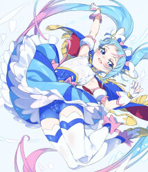 Rule 34 | 1girl, ahoge, arm up, armpits, bike shorts, blue cape, blue dress, blue eyes, blue hair, blue shorts, blush, cape, covered erect nipples, cure sky, detached sleeves, dress, erect clitoris, fingerless gloves, frilled dress, frills, gloves, gradient hair, highres, hirogaru sky! precure, long hair, looking at viewer, magical girl, multicolored cape, multicolored clothes, multicolored hair, niko (tama), open mouth, petticoat, pink hair, precure, puffy detached sleeves, puffy sleeves, red cape, shoes, shorts, solo, sora harewataru, striped clothes, striped dress, thighhighs, twintails, vertical-striped clothes, vertical-striped dress, very long hair, white gloves, white thighhighs