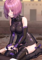 Rule 34 | 1girl, armor, armored boots, boobplate, boots, breastplate, breasts, fate/grand order, fate (series), gauntlets, hair over one eye, high heel boots, high heels, highres, holding hands, kneeling, kuroki (ma-na-tu), large breasts, mash kyrielight, outdoors, purple eyes, purple hair, short hair, solo, solo focus, tears, thighhighs