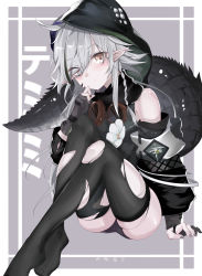 Rule 34 | 1girl, absurdres, arknights, arm support, bare shoulders, black thighhighs, braid, character name, commentary, crocodilian tail, flower, gloves, grey background, grey eyes, grey gloves, hair over one eye, hand up, highres, hood, kaminarichyan, knees up, large tail, long hair, long sleeves, looking at viewer, no shoes, pointy ears, silver hair, single braid, sitting, solo, tail, thighhighs, thighs, tomimi (arknights), torn clothes, torn thighhighs, translated, white flower