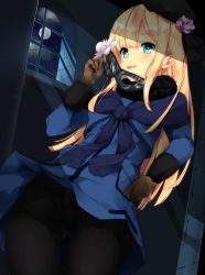 Rule 34 | 1girl, black pantyhose, blonde hair, blue jacket, brown gloves, cameltoe, commentary request, fate/grand order, fate (series), flower, from above, fur trim, gloves, gluteal fold, green eyes, hair flower, hair ornament, highres, holding, holding mask, indoors, jacket, long hair, looking at viewer, lord el-melloi ii case files, mask, moon, night, pantyhose, reines el-melloi archisorte, smile, solo, tries, white flower