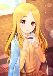 Rule 34 | 1girl, blonde hair, coffee, coffee cup, cup, disposable cup, floral print, highres, holding, holding cup, idolmaster, idolmaster cinderella girls, idolmaster cinderella girls starlight stage, indoors, long hair, looking at viewer, mochizuki hijiri, plaid, plaid skirt, red eyes, sitting, skirt, smile, solo, sweater, window, youme