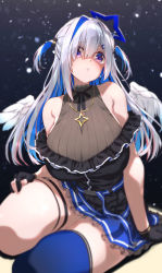 Rule 34 | 1girl, alternate breast size, amane kanata, amane kanata (work), angel wings, armpit crease, bare shoulders, blue hair, breasts, colored inner hair, eyes visible through hair, feathered wings, frills, gloves, grey hair, hair ornament, hair over one eye, hairclip, hakui ami, highres, hololive, jewelry, large breasts, long hair, miniskirt, multicolored hair, necklace, official alternate costume, official alternate hairstyle, partially fingerless gloves, purple eyes, shirt, single thighhigh, sitting, skirt, sleeveless, sleeveless shirt, solo, thigh strap, thighhighs, two side up, virtual youtuber, wings