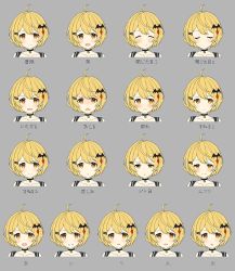 Rule 34 | 1girl, ahoge, ayamy, bat hair ornament, blonde hair, blush, closed eyes, closed mouth, collarbone, expressions, fang, grey background, hair ornament, hairclip, highres, hololive, looking at viewer, multiple views, open mouth, portrait, short hair, translated, virtual youtuber, yozora mel, yozora mel (2nd costume)