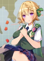 Rule 34 | 1girl, blonde hair, blue necktie, blue skirt, blush, braid, braided bun, breasts, buttons, collared shirt, green vest, hair between eyes, hair bun, highres, kantai collection, komb, large breasts, navel, necktie, open mouth, perth (kancolle), plaid, plaid skirt, pleated skirt, purple eyes, shirt, short hair, short sleeves, skirt, solo focus, upper body, vest, white shirt