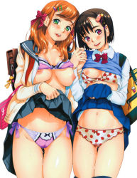 Rule 34 | 2girls, bag, black hair, blush, bra, bra lift, breasts, cameltoe, clothes lift, green eyes, hair ornament, hairclip, holding hands, large breasts, legs, long hair, looking at viewer, multiple girls, navel, open clothes, open mouth, open shirt, orange hair, panties, red eyes, school bag, school uniform, shirt, shirt lift, short hair, simple background, skirt, skirt lift, smile, standing, thighs, twintails, underwear, white background