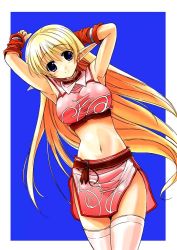 Rule 34 | 1girl, aokawa daisuke, armpits, arms up, belt, blonde hair, blue eyes, breasts, crop top, elf, jpeg artifacts, large breasts, lineage, long hair, midriff, navel, pink thighhighs, pointy ears, shirt, simple background, solo, taut clothes, taut shirt, thighhighs