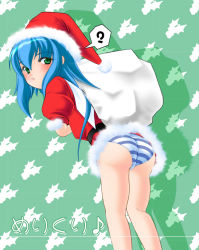 Rule 34 | 1girl, ?, artist request, ass, belt, black belt, blue hair, blush, christmas, dress, from behind, fur-trimmed dress, fur-trimmed headwear, fur trim, ghost sweeper mikami, green background, green eyes, hat, holding, long hair, looking at viewer, looking back, mistletoe, panties, pom pom (clothes), red dress, red headwear, sack, santa hat, short sleeves, striped clothes, striped panties, underwear, white panties