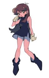 Rule 34 | 1girl, arm at side, bare arms, bare legs, bare shoulders, black dress, black footwear, blush, boots, breasts, brown hair, closed mouth, commentary request, creatures (company), dress, full body, game freak, gloves, green (pokemon), hair between eyes, hand up, highres, long hair, looking at viewer, medium breasts, nintendo, ok ko19, pointing, pointing at self, pokemon, pokemon adventures, short dress, side slit, simple background, sleeveless, sleeveless dress, smile, solo, swept bangs, tongue, tongue out, white background, white gloves, wind, wind lift