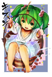 Rule 34 | 1girl, barefoot, bucket, from above, green eyes, green hair, hair bobbles, hair ornament, highres, in bucket, in container, inkblot, japanese clothes, jonasan (bad-t), kimono, kisume, long sleeves, looking at viewer, looking up, matching hair/eyes, open clothes, open vest, sitting, smile, solo, touhou, twintails, vest, water, yukata
