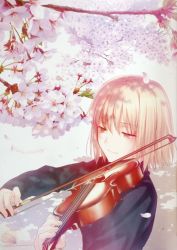 Rule 34 | 1girl, blonde hair, cherry blossoms, green eyes, instrument, kyoto, original, smile, solo, takeuchi takashi, violin