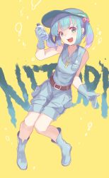 Rule 34 | 1girl, adapted costume, belt, blue eyes, blue gloves, blue hair, boots, bottle, bubble, character name, gloves, gradient eyes, hair bobbles, hair ornament, hat, kawashiro nitori, key, looking at viewer, multicolored eyes, open mouth, reeh (yukuri130), shorts, sitting, sleeveless, smile, touhou, twintails, two side up, water bottle