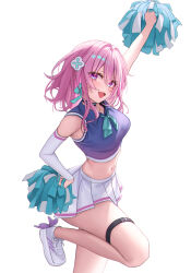 Rule 34 | 1girl, alternate costume, arm up, bare shoulders, cheerleader, choker, commentary, crop top, cropped shirt, detached sleeves, hair ornament, highres, holding, holding pom poms, honkai: star rail, honkai (series), leg up, looking at viewer, march 7th (honkai: star rail), melt (melt out1), midriff, navel, pink hair, pleated skirt, pom pom (cheerleading), pom poms, purple eyes, purple shirt, shirt, short hair, simple background, skirt, sleeveless, sleeveless shirt, solo, standing, standing on one leg, stomach, thigh strap, white background, white footwear, white skirt, white sleeves