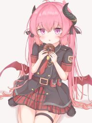 Rule 34 | 1girl, belt, belt pouch, black bow, black footwear, black shirt, blue archive, blush, bow, collared shirt, demon horns, doughnut, enim, food, grey background, hair between eyes, hair bow, halo, highres, holding, holding food, horns, junko (blue archive), long hair, looking at viewer, low wings, necktie, open mouth, pink hair, plaid, plaid skirt, pleated skirt, pointy ears, pouch, purple eyes, red necktie, shirt, short sleeves, simple background, sitting, skirt, solo, twintails, wings