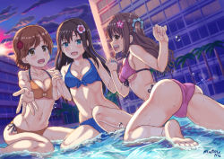 Rule 34 | 10s, 3girls, :d, ass, bad perspective, barefoot, beach, beach umbrella, bikini, black hair, blue bikini, blue eyes, blue nails, blush, breasts, brown eyes, brown hair, building, caustics, cleavage, cleavage cutout, clothing cutout, cloud, cloudy sky, collarbone, dutch angle, feet, flower, foreshortening, from behind, front-tie bikini top, front-tie top, green eyes, hair flower, hair intakes, hair ornament, hair scrunchie, hand up, holding hands, honda mio, idolmaster, idolmaster cinderella girls, in water, interlocked fingers, kneeling, leaning forward, long hair, looking at viewer, looking back, medium breasts, multiple girls, mutou riu, nail polish, navel, new generations, ocean, one eye closed, one side up, open mouth, orange bikini, outdoors, outstretched arm, outstretched hand, palm tree, parted bangs, partially submerged, pink nails, profile, purple bikini, scrunchie, shade, shadow, shibuya rin, shimamura uzuki, short hair, sideboob, sidelocks, signature, sitting, sky, smile, soles, sparkle, spread legs, strap gap, sun, swimsuit, toes, tree, umbrella, underboob, wariza, water, water drop, wet
