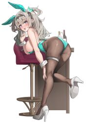 Rule 34 | 1girl, alternate costume, ass, bare shoulders, blush, breasts, firefly (honkai: star rail), from behind, grey eyes, grey hair, hair ribbon, high heels, highres, honkai: star rail, honkai (series), huge ass, large breasts, leaning, leaning forward, leotard, long hair, looking at viewer, open mouth, pantyhose, playboy bunny, rabbit ears, rabbit tail, ribbon, sideboob, smile, solo, tail, thigh strap, twintails, very long hair, yatemoya79929