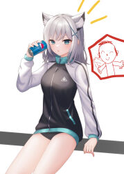 Rule 34 | 1boy, 1girl, absurdres, alternate costume, animal ear fluff, animal ears, arm support, black buruma, blue archive, blue eyes, buruma, can, cola, commentary request, cross hair ornament, dong hawn, doodle sensei (blue archive), drink can, grey hair, gym uniform, hair between eyes, hair ornament, highres, holding, holding can, jacket, long sleeves, looking at viewer, medium hair, mismatched pupils, multicolored clothes, multicolored jacket, out of frame, parted lips, pepsi, sensei (blue archive), shiroko (blue archive), sidelocks, simple background, sitting on fence, soda can, spoken character, track jacket, turtleneck, turtleneck jacket, two-tone jacket, waving, white background, wolf ears, wolf girl