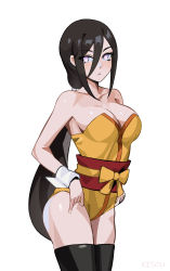 Rule 34 | 1girl, absurdres, artist name, bad id, bad twitter id, bare shoulders, black hair, black thighhighs, boruto: naruto next generations, breasts, cleavage, cowboy shot, highres, hyuuga hanabi, kisou (kisou00), large breasts, long hair, looking at viewer, naruto (series), ponytail, purple eyes, ribbon, simple background, sleeveless, solo, thighhighs, very long hair, white background, wrist cuffs