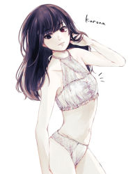 Rule 34 | 1girl, absurdres, bad id, bad pixiv id, bare arms, bare shoulders, black hair, bra, breasts, character name, closed mouth, collarbone, commentary request, cowboy shot, hand in own hair, hand up, heterochromia, highres, long hair, looking at viewer, navel, notice lines, panties, red eyes, simple background, small breasts, solo, stomach, tokyo ghoul, toukaairab, underwear, underwear only, white background, white panties, yasuhisa kurona