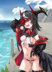 1girl ;d absurdres azur_lane bare_shoulders beach bikini black_coat black_hair blush breasts clothes_pull coat commentary_request crop_top day hair_between_eyes heart heart-shaped_pupils highres hip_focus horns jacket jacket_pull leaning_forward long_hair medium_breasts medium_hair midriff multicolored_hair navel ocean off_shoulder ok_sign ok_sign_over_eye one_eye_closed open_clothes open_coat open_mouth outdoors pittopanikku red_eyes sharp_teeth shirt sleeveless sleeveless_shirt small_breasts smile solo standing stomach streaked_hair swimsuit symbol-shaped_pupils teeth thigh_strap thighs two-tone_hair white_bikini white_hair z16_(azur_lane)