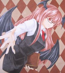 Rule 34 | 1girl, absurdres, acrylic paint (medium), argyle, argyle background, argyle clothes, bad id, bad pixiv id, bat wings, bespectacled, book, female focus, glasses, head wings, highres, koakuma, long sleeves, marker (medium), millipen (medium), miniskirt, necktie, outstretched hand, painting (medium), red eyes, red hair, red necktie, shirt, skirt, skirt set, smile, solo, touhou, traditional media, vest, w0ru, white shirt, wings