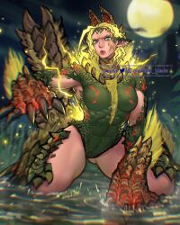 Rule 34 | apex zinogre, ayaki blade, blonde hair, cammy white, claws, cloud, highres, lightning, lipstick, makeup, monster hunter (series), moon, muscular, muscular female, night, night sky, parody, pointy ears, scales, scar, scar on face, sky, street fighter, water, zinogre