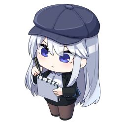 Rule 34 | 1girl, azur lane, black footwear, black jacket, black skirt, blazer, blush, brown pantyhose, cabbie hat, chibi, closed mouth, collared shirt, commentary, dress shirt, english commentary, enterprise (azur lane), full body, grey hair, grey hat, hair between eyes, hat, holding, holding notepad, holding pen, jacket, light frown, long hair, long sleeves, miniskirt, no nose, notepad, official art, open clothes, open jacket, pantyhose, pen, purple eyes, shirt, skirt, solo, standing, very long hair, white shirt